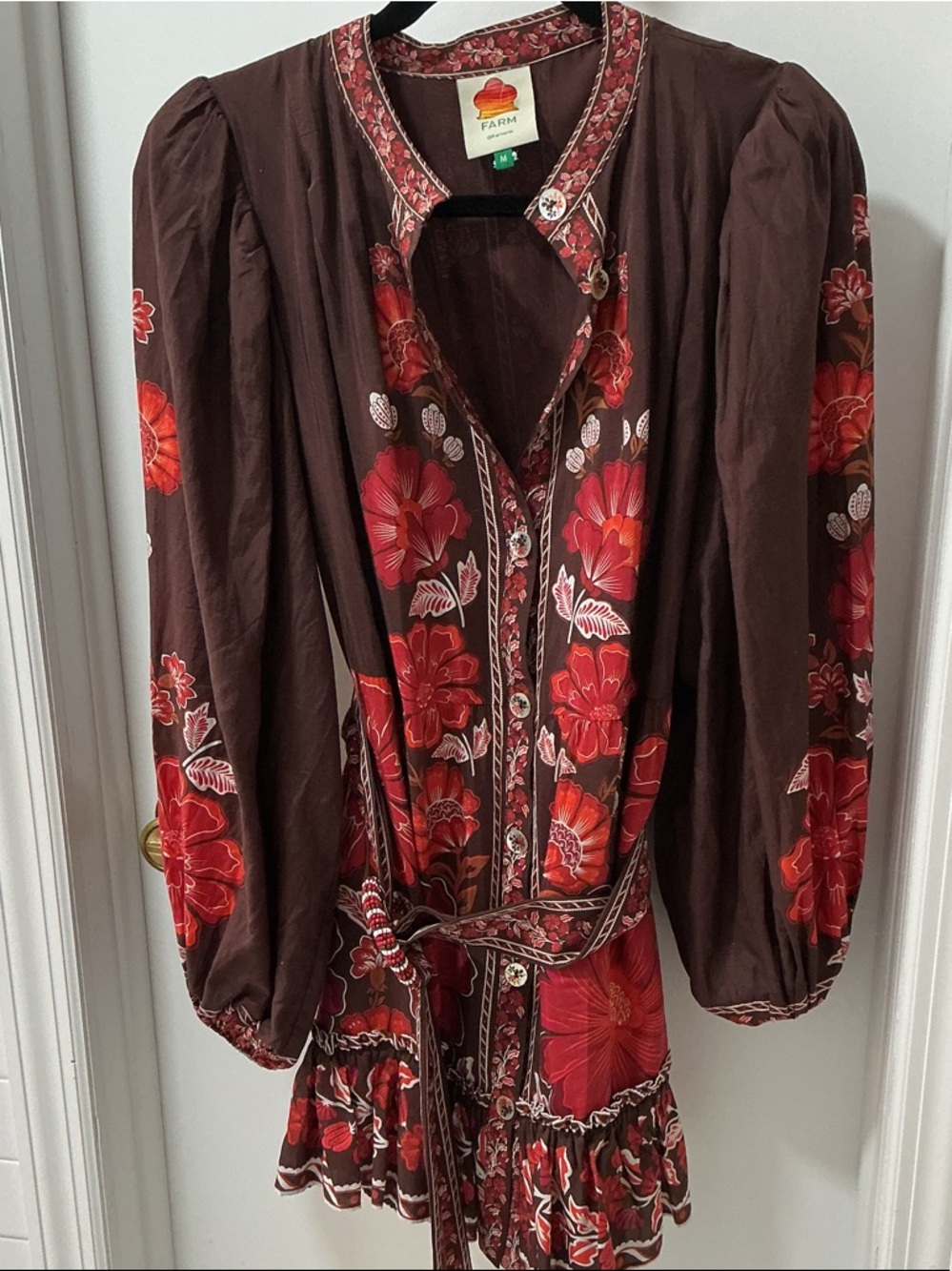 FARM Rio Brown Mini Dress with Red Floral Embroidery